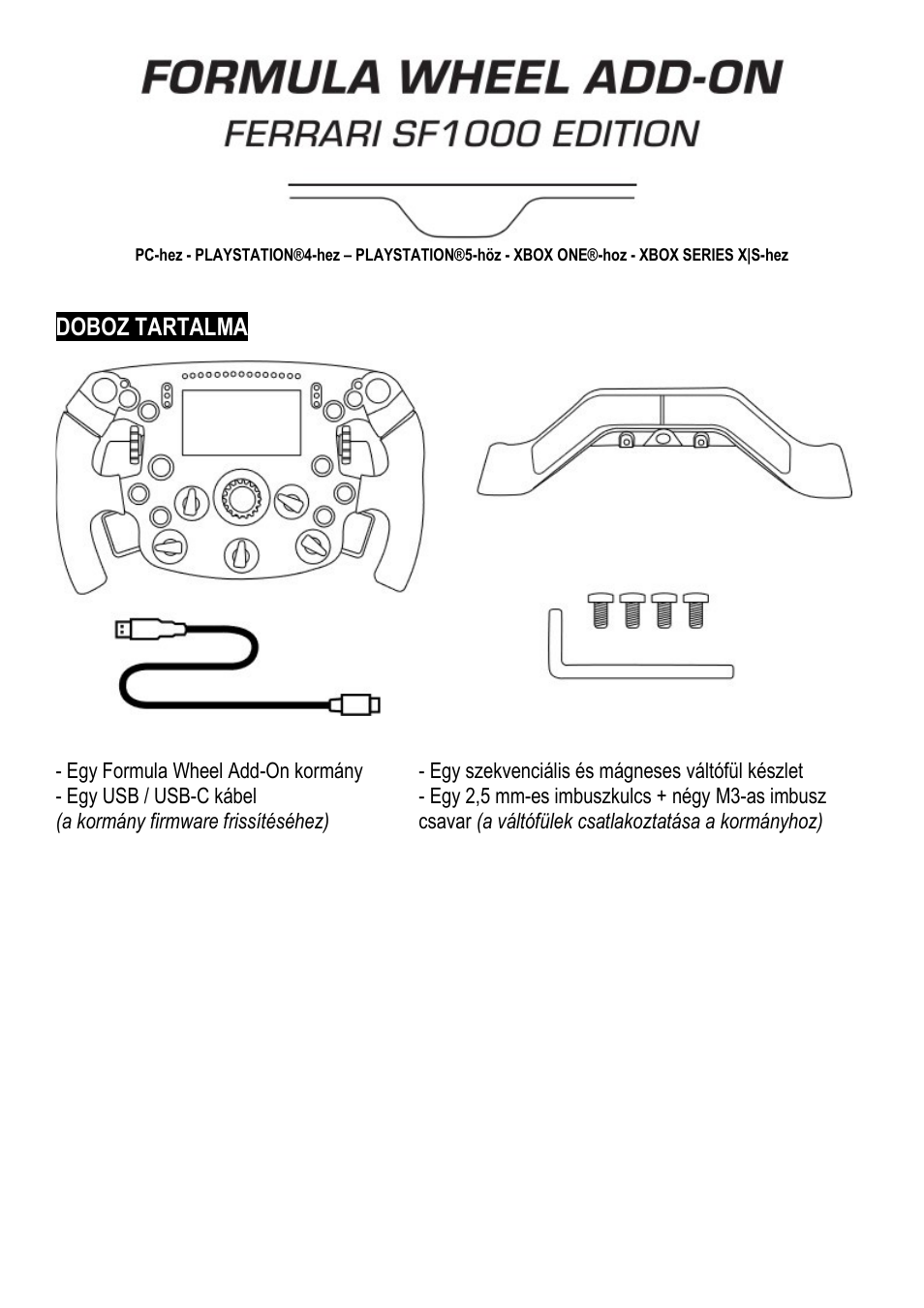 19_hu_formula_wheel_add-on_ferrari_sf1000_edition, Magyar nyelv, Doboz tartalma | Thrustmaster Add-On Formula Wheel (Ferrari SF1000 Edition) User Manual | Page 214 / 249