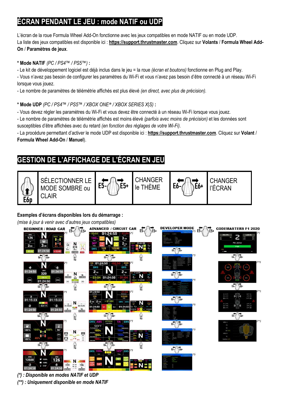 Écran pendant le jeu : mode natif ou udp, Gestion de l’affichage de l’écran en jeu, Sélectionner le mode sombre ou clair | Changer le thème, Changer l’écran | Thrustmaster Add-On Formula Wheel (Ferrari SF1000 Edition) User Manual | Page 23 / 249