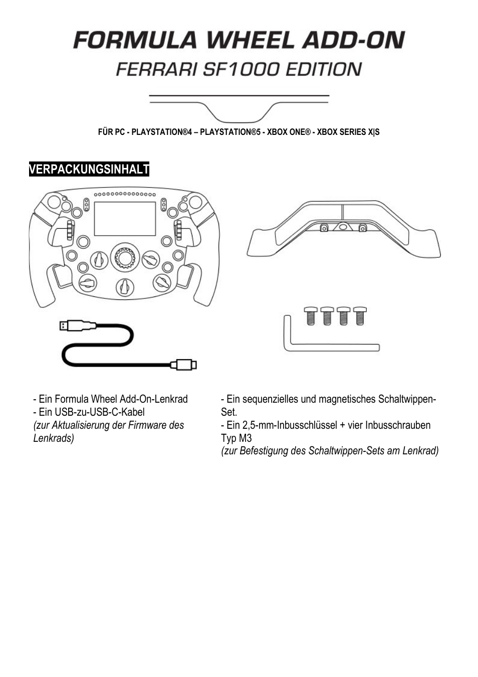 03_ger_formula_wheel_add-on_ferrari_sf1000_edition, Deutsch, Verpackungsinhalt | Thrustmaster Add-On Formula Wheel (Ferrari SF1000 Edition) User Manual | Page 26 / 249