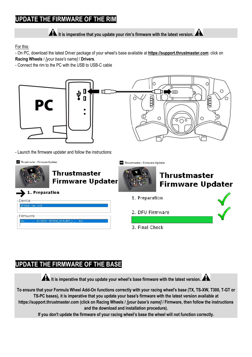 Update the firmware of the rim, Update the firmware of the base | Thrustmaster Add-On Formula Wheel (Ferrari SF1000 Edition) User Manual | Page 3 / 249