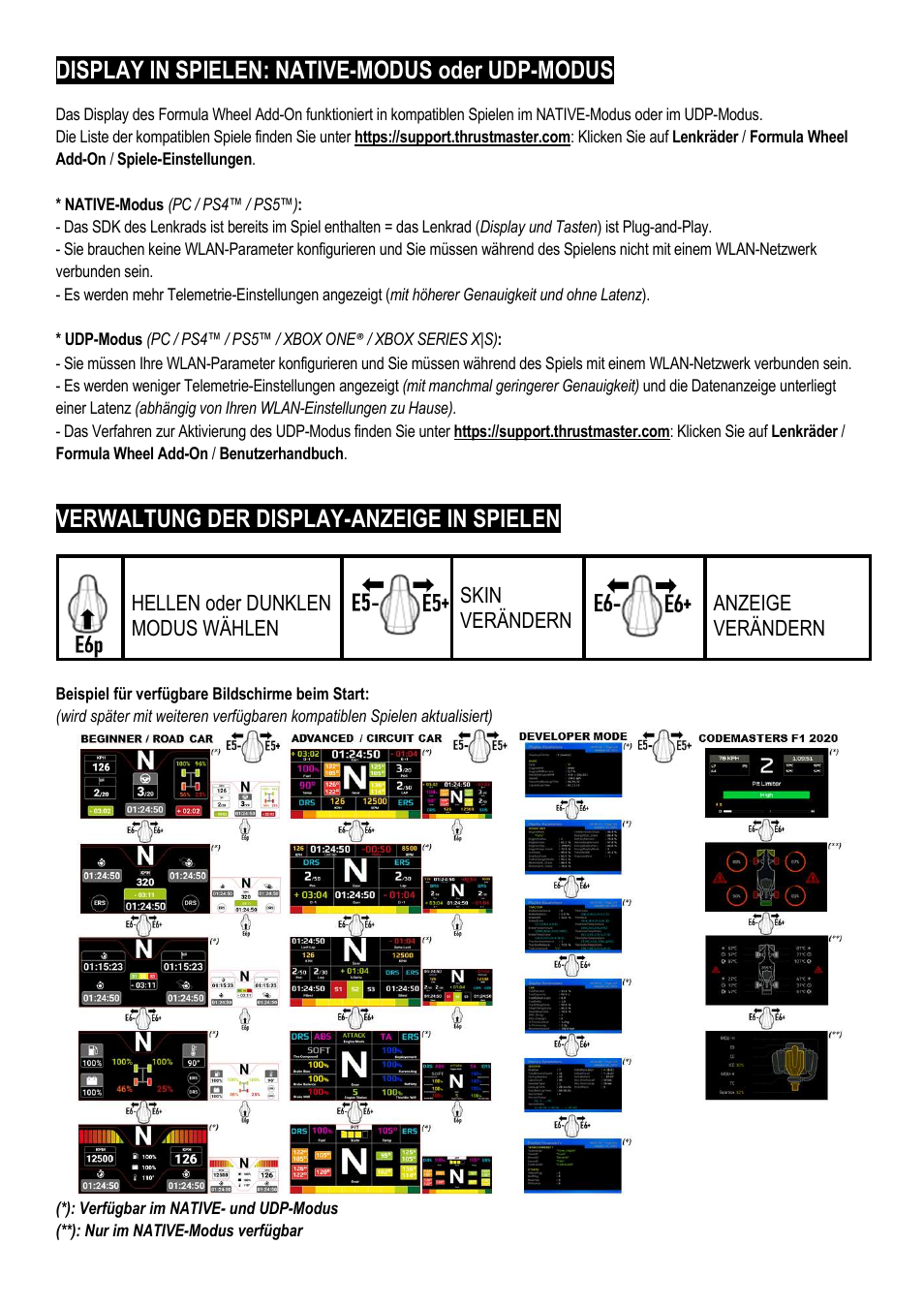 Display in spielen: native-modus oder udp-modus, Verwaltung der display-anzeige in spielen, Hellen oder dunklen modus wählen | Skin verändern, Anzeige verändern | Thrustmaster Add-On Formula Wheel (Ferrari SF1000 Edition) User Manual | Page 35 / 249