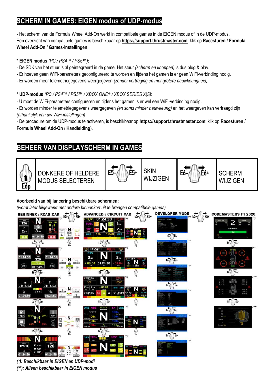 Scherm in games: eigen modus of udp-modus, Beheer van displayscherm in games, Donkere of heldere modus selecteren | Skin wijzigen, Scherm wijzigen | Thrustmaster Add-On Formula Wheel (Ferrari SF1000 Edition) User Manual | Page 47 / 249