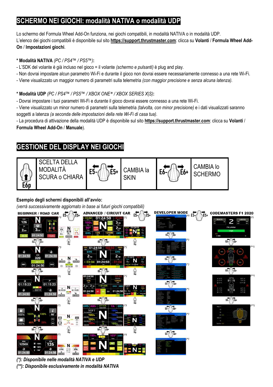 Schermo nei giochi: modalità nativa o modalità udp, Gestione del display nei giochi, Scelta della modalità scura o chiara | Cambia la skin, Cambia lo schermo | Thrustmaster Add-On Formula Wheel (Ferrari SF1000 Edition) User Manual | Page 59 / 249