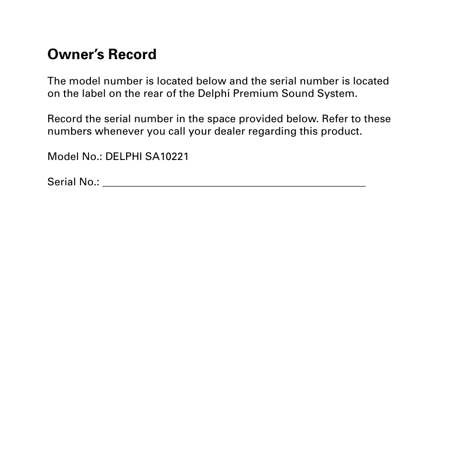 Owner’s record | Delphi SA10221 User Manual | Page 3 / 45
