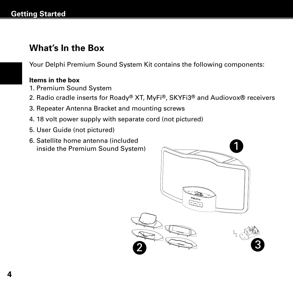 Supplied accessories, Getting started, What’s in the box | Delphi SA10221 User Manual | Page 8 / 45