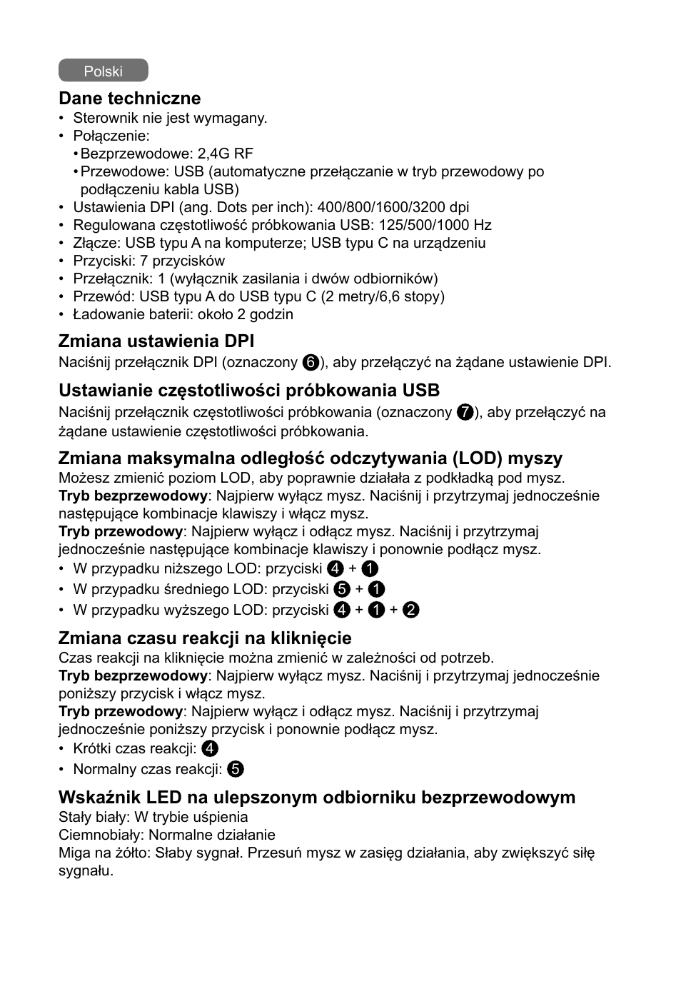 Dane techniczne, Zmiana ustawienia dpi, Ustawianie częstotliwości próbkowania usb | Zmiana czasu reakcji na kliknięcie | BenQ EC2-CW Wireless Gaming Mouse (Black) User Manual | Page 16 / 26