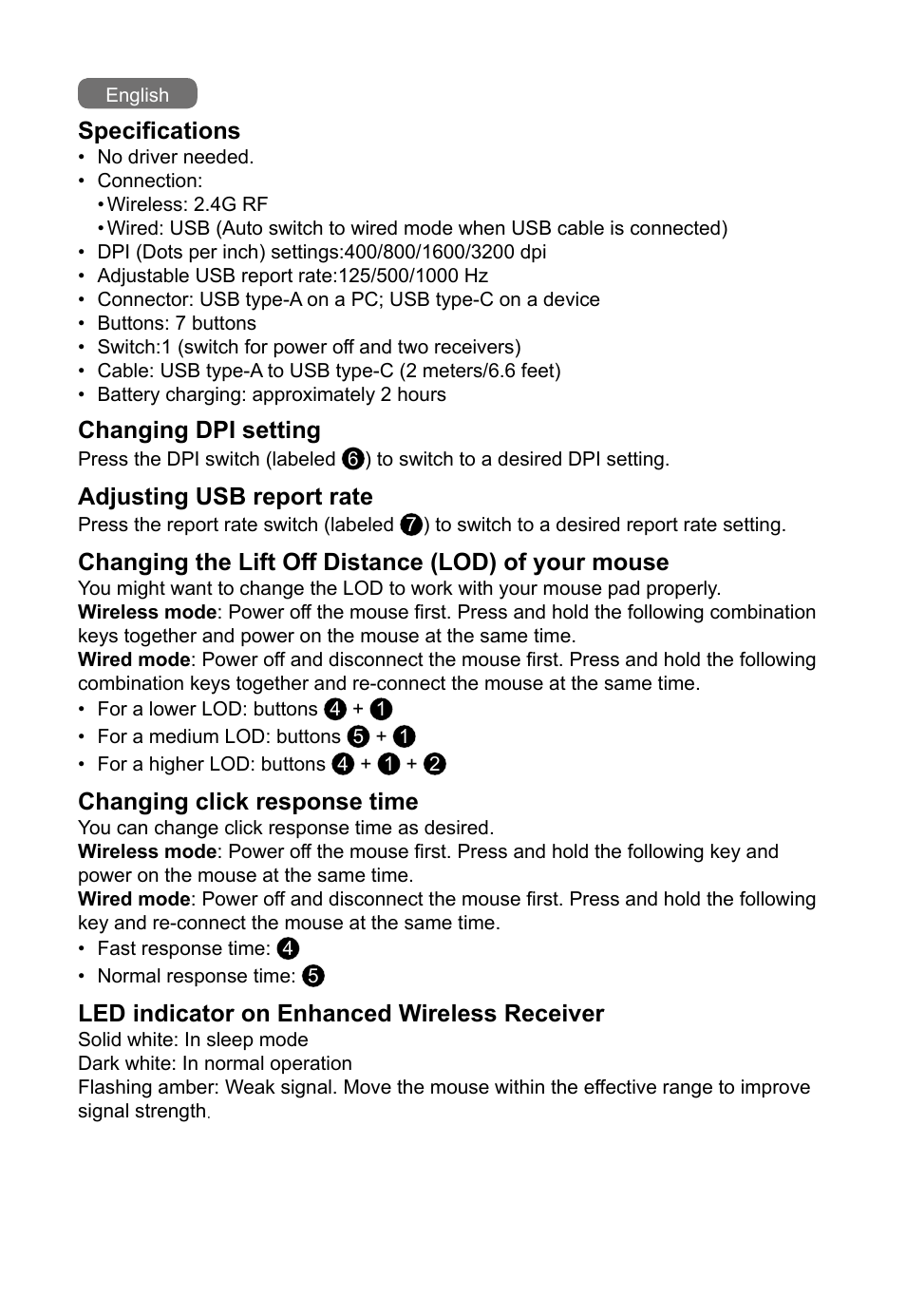 Specifications, Changing dpi setting, Adjusting usb report rate | Changing the lift off distance (lod) of your mouse, Changing click response time, Led indicator on enhanced wireless receiver | BenQ EC2-CW Wireless Gaming Mouse (Black) User Manual | Page 3 / 26