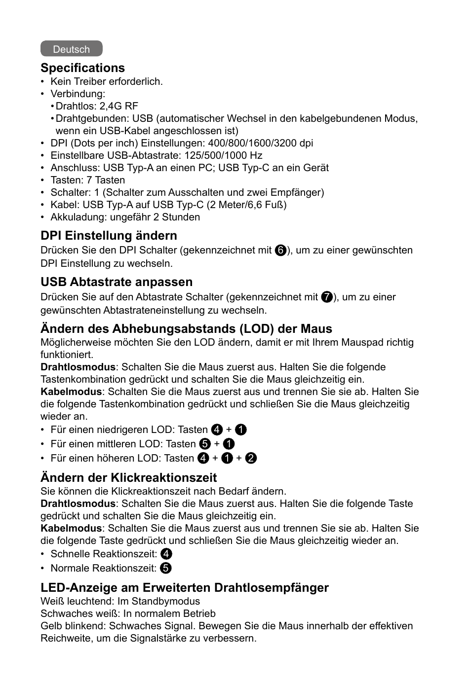 Specifications, Dpi einstellung ändern, Usb abtastrate anpassen | Ändern des abhebungsabstands (lod) der maus, Ändern der klickreaktionszeit, Led-anzeige am erweiterten drahtlosempfänger | BenQ EC2-CW Wireless Gaming Mouse (Black) User Manual | Page 5 / 26