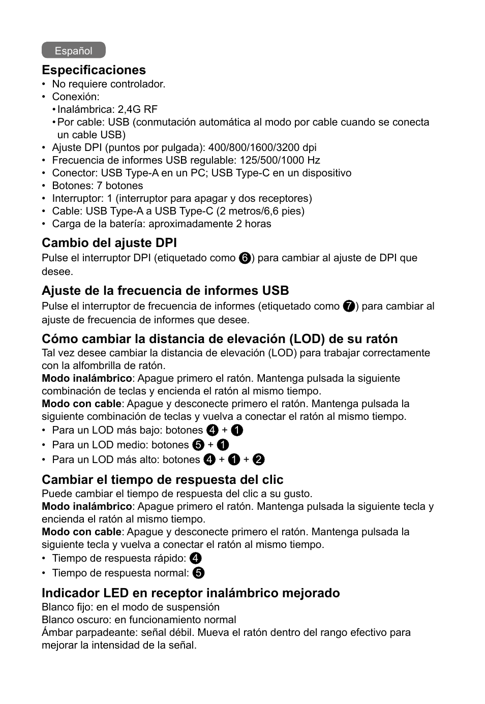 Especificaciones, Cambio del ajuste dpi, Ajuste de la frecuencia de informes usb | Cambiar el tiempo de respuesta del clic, Indicador led en receptor inalámbrico mejorado | BenQ EC2-CW Wireless Gaming Mouse (Black) User Manual | Page 7 / 26