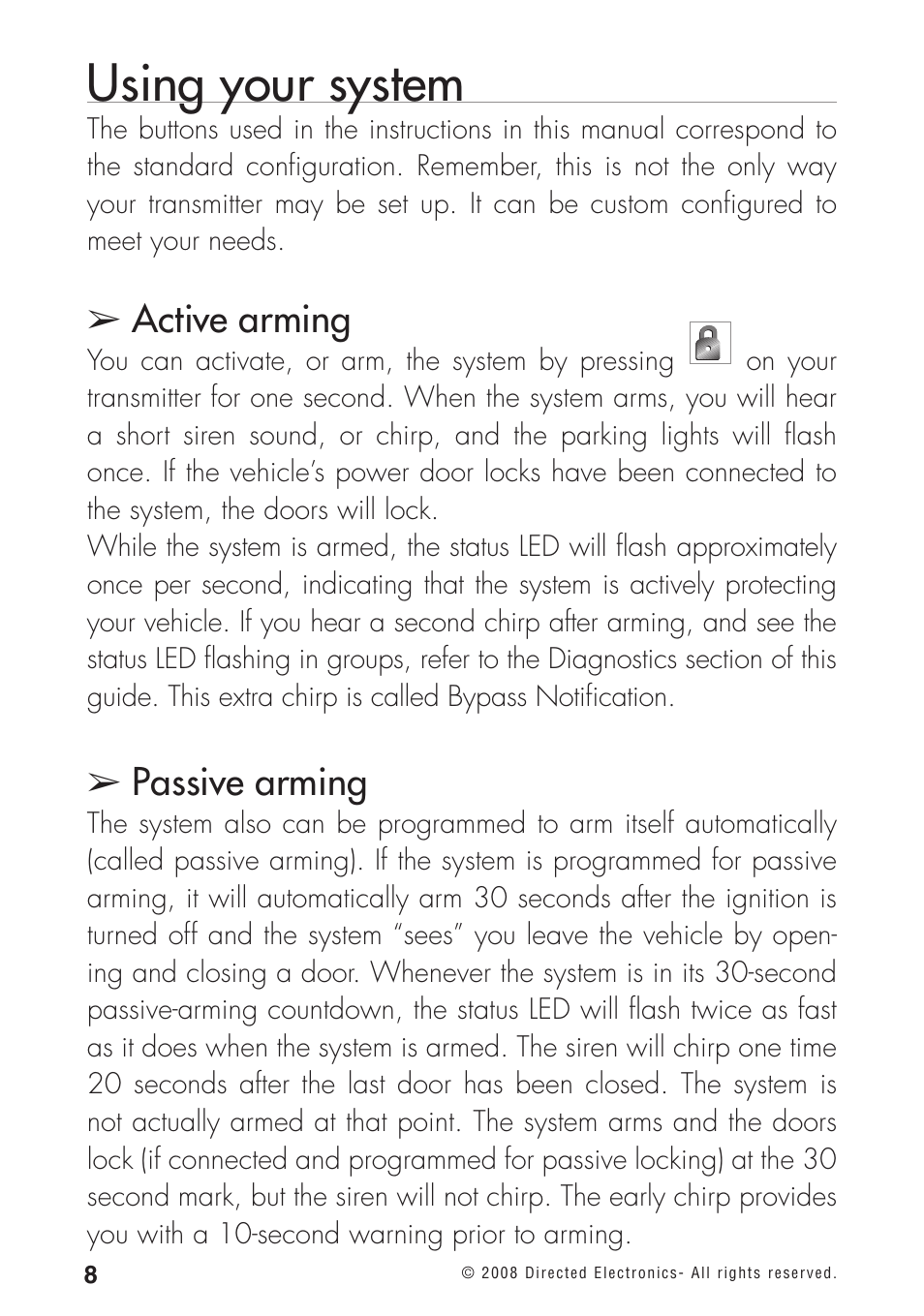 Using your system, Active arming, Passive arming | Directed Electronics 460MAX User Manual | Page 10 / 40