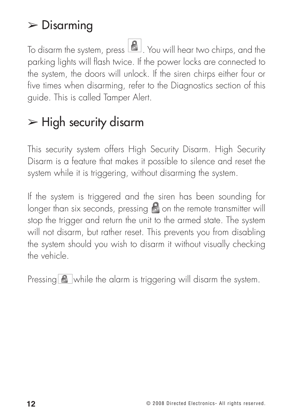 Disarming, High security disarm | Directed Electronics 460MAX User Manual | Page 14 / 40