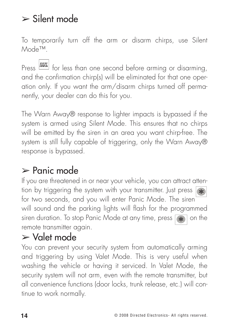 Silent mode, Panic mode, Valet mode | Directed Electronics 460MAX User Manual | Page 16 / 40