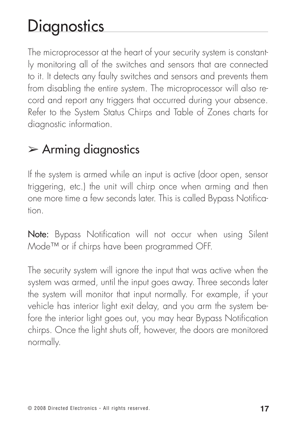 Diagnostics, Arming diagnostics | Directed Electronics 460MAX User Manual | Page 19 / 40