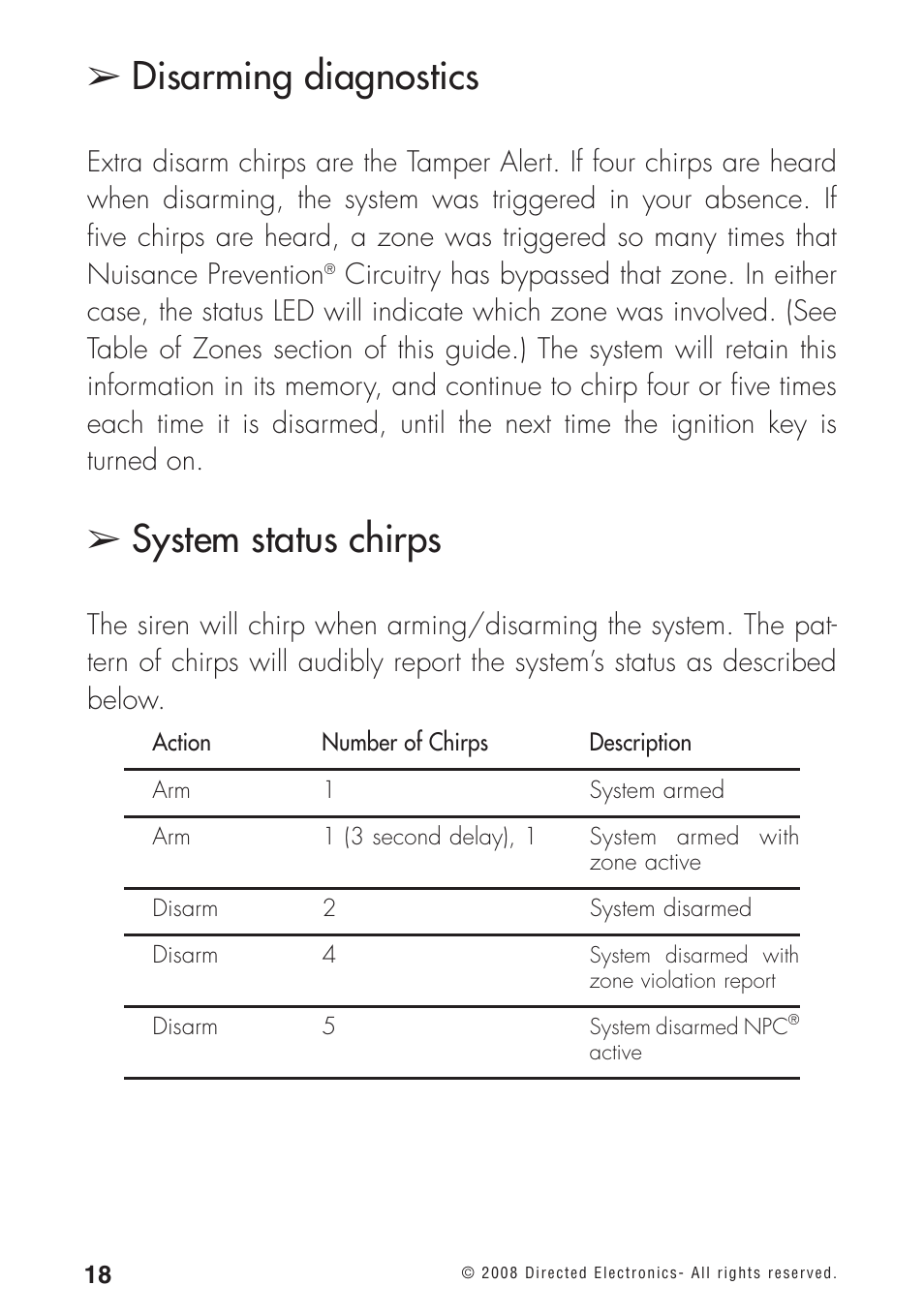 Disarming diagnostics, System status chirps | Directed Electronics 460MAX User Manual | Page 20 / 40