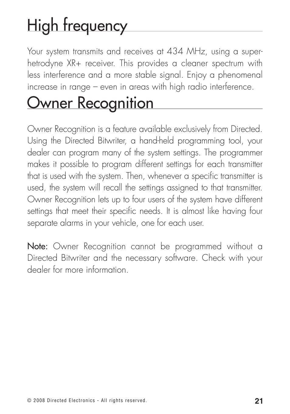 High frequency, Owner recognition | Directed Electronics 460MAX User Manual | Page 23 / 40