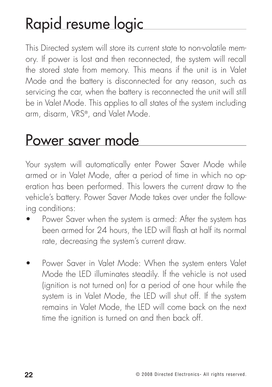 Rapid resume logic, Power saver mode | Directed Electronics 460MAX User Manual | Page 24 / 40