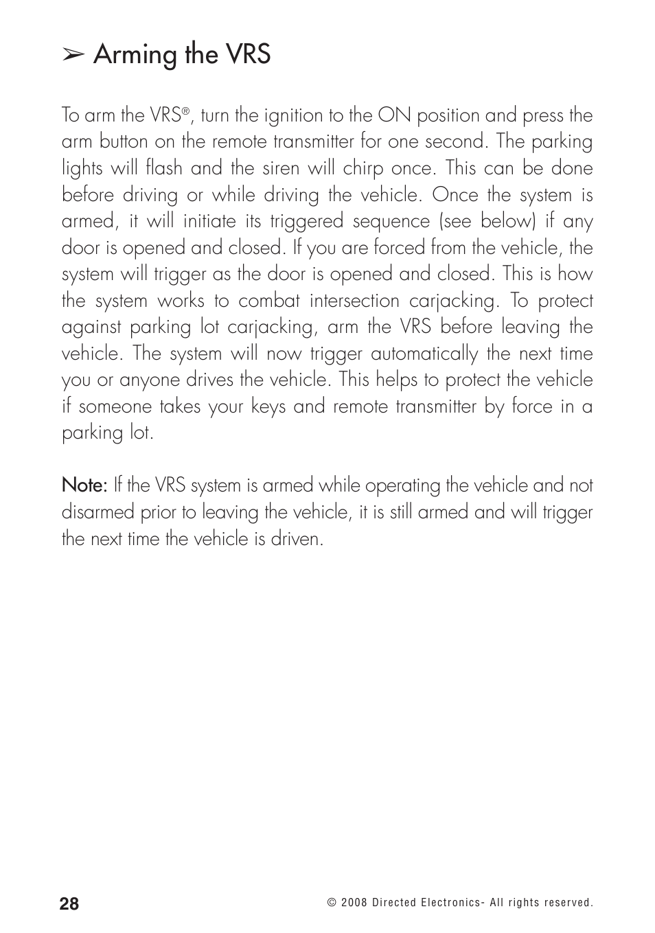 Arming the vrs | Directed Electronics 460MAX User Manual | Page 30 / 40