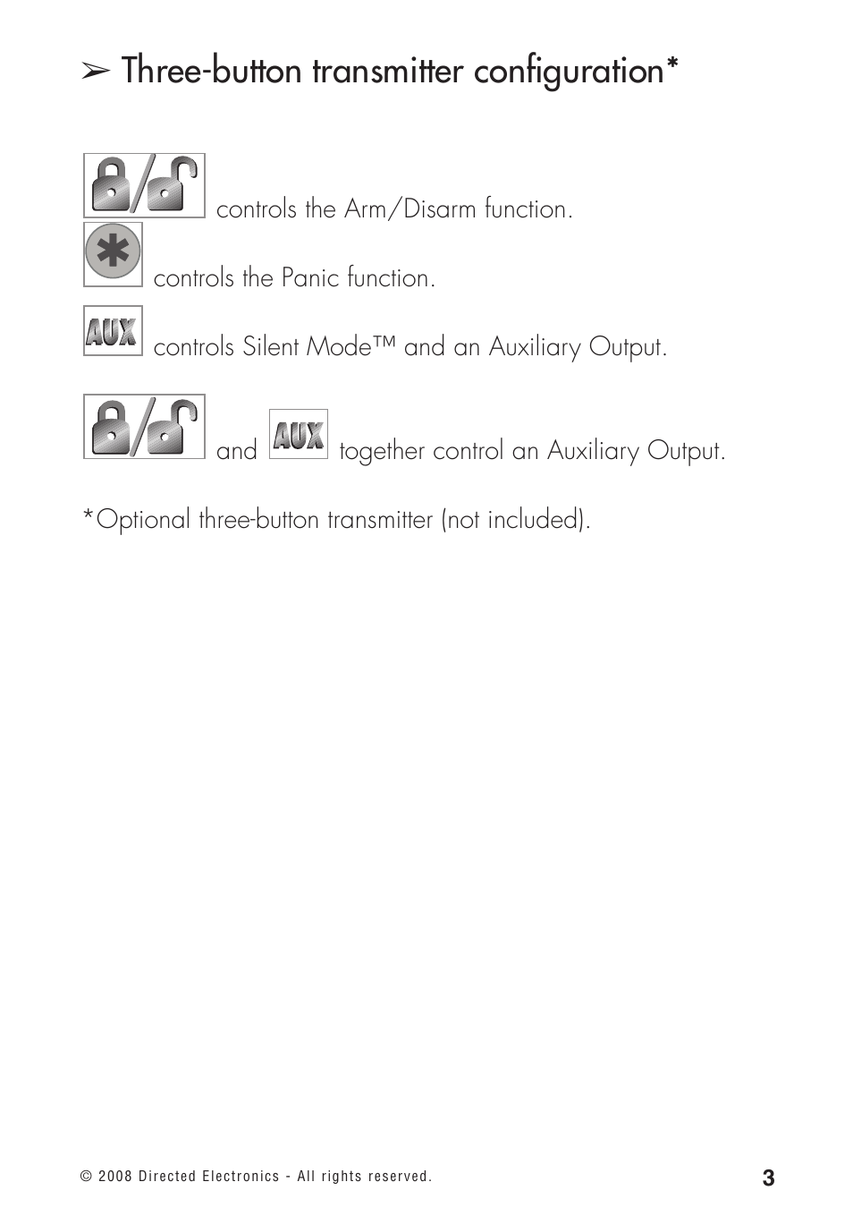 Three-button transmitter configuration, Controls silent mode™ and an auxiliary output | Directed Electronics 460MAX User Manual | Page 5 / 40