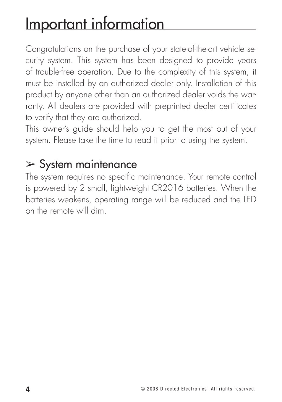 Important information, System maintenance | Directed Electronics 460MAX User Manual | Page 6 / 40