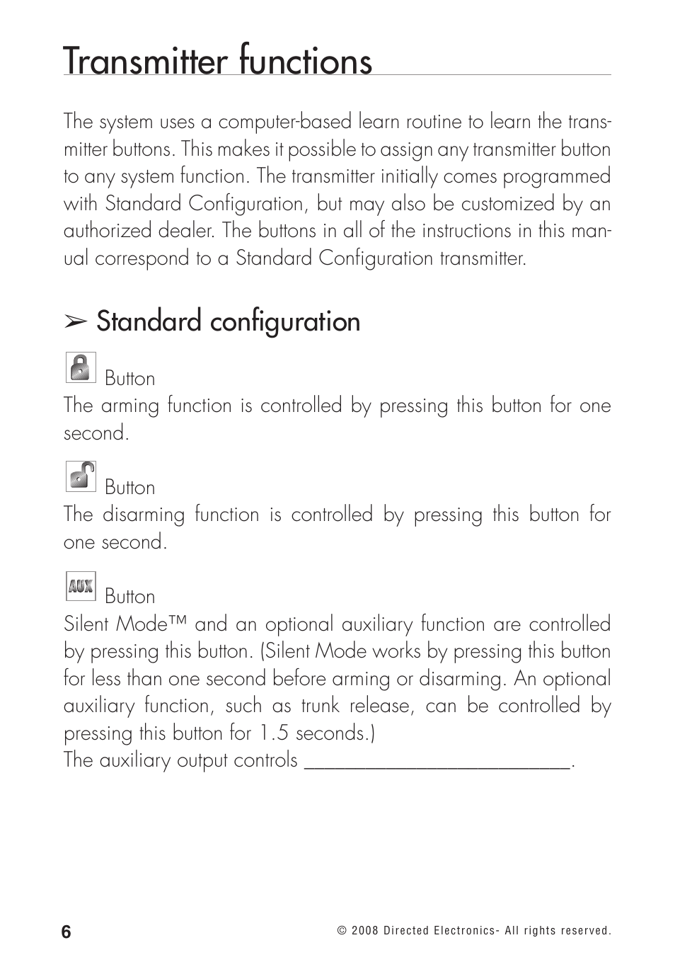 Transmitter functions, Standard configuration | Directed Electronics 460MAX User Manual | Page 8 / 40