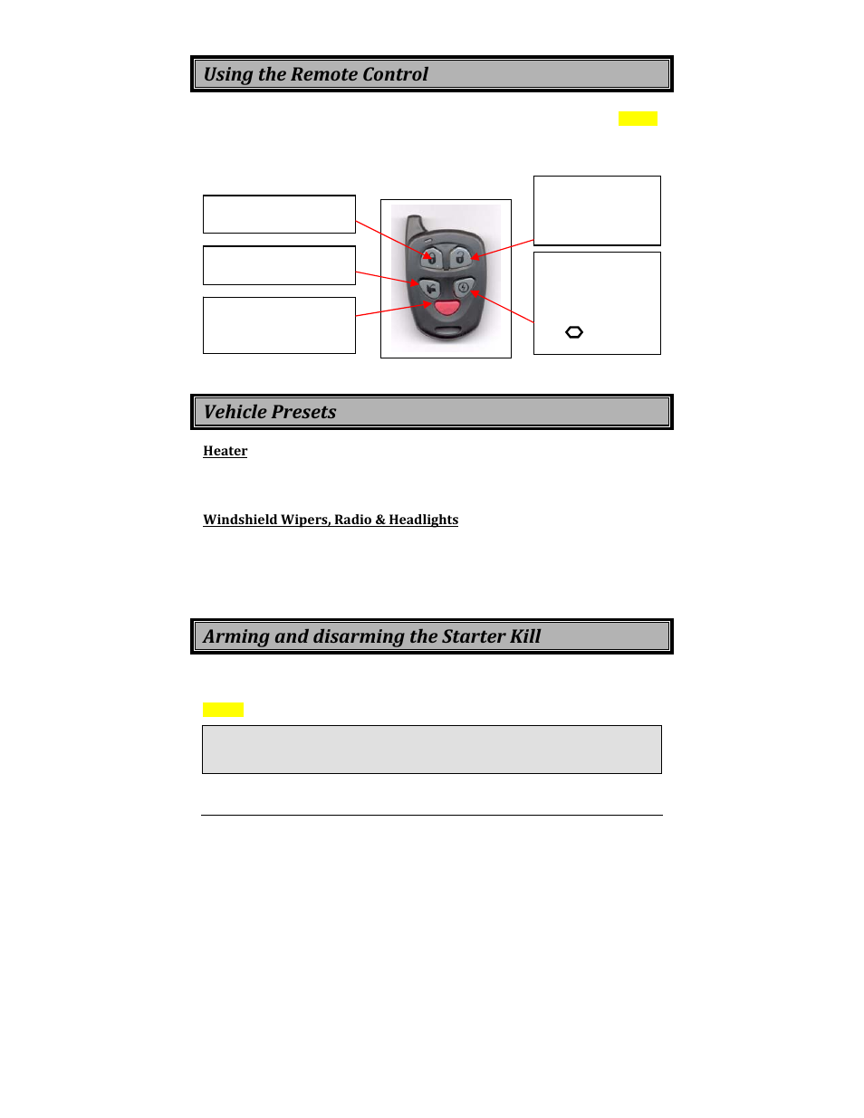 Using the remote control, Vehicle presets, Arming and disarming the starter kill | Directed Electronics AS-1775 User Manual | Page 4 / 13