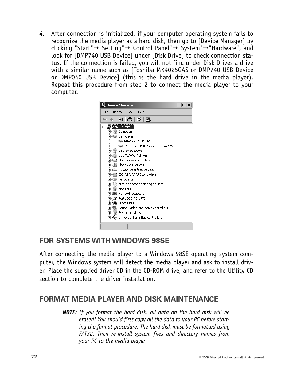 For systems with windows 98se, Format media player and disk maintenance | Directed Electronics OHV901 User Manual | Page 22 / 58