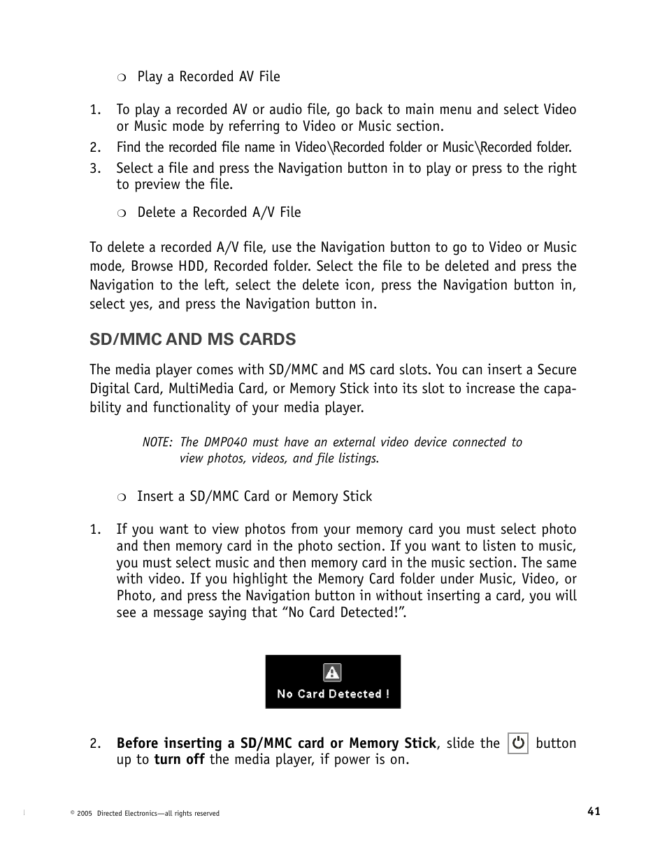 Sd/mmc and ms cards | Directed Electronics OHV901 User Manual | Page 41 / 58