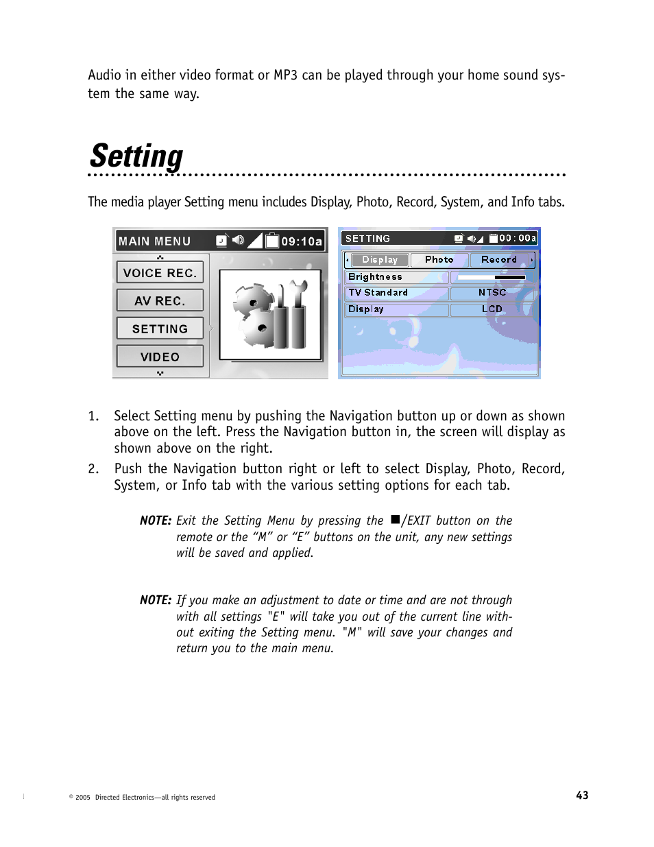 Setting | Directed Electronics OHV901 User Manual | Page 43 / 58