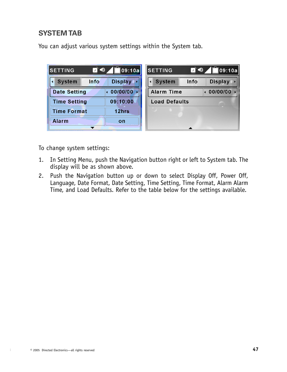 System tab | Directed Electronics OHV901 User Manual | Page 47 / 58
