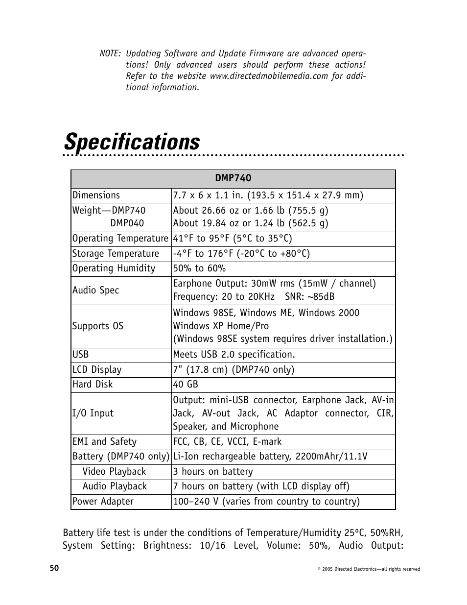 Specifications | Directed Electronics OHV901 User Manual | Page 50 / 58