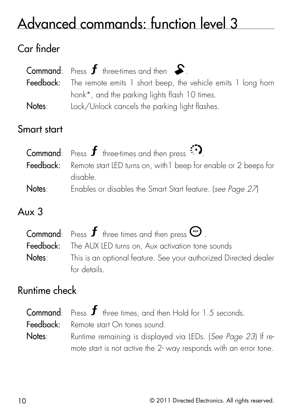 Advanced commands: function level 3, Car finder, Smart start | Aux 3, Runtime check, Command | Directed Electronics 1.3X User Manual | Page 18 / 52