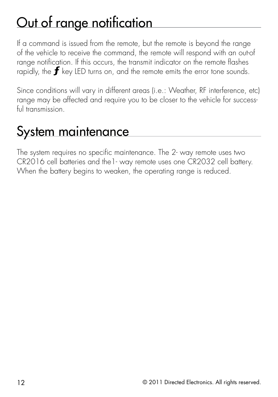 Out of range notification, System maintenance | Directed Electronics 1.3X User Manual | Page 20 / 52