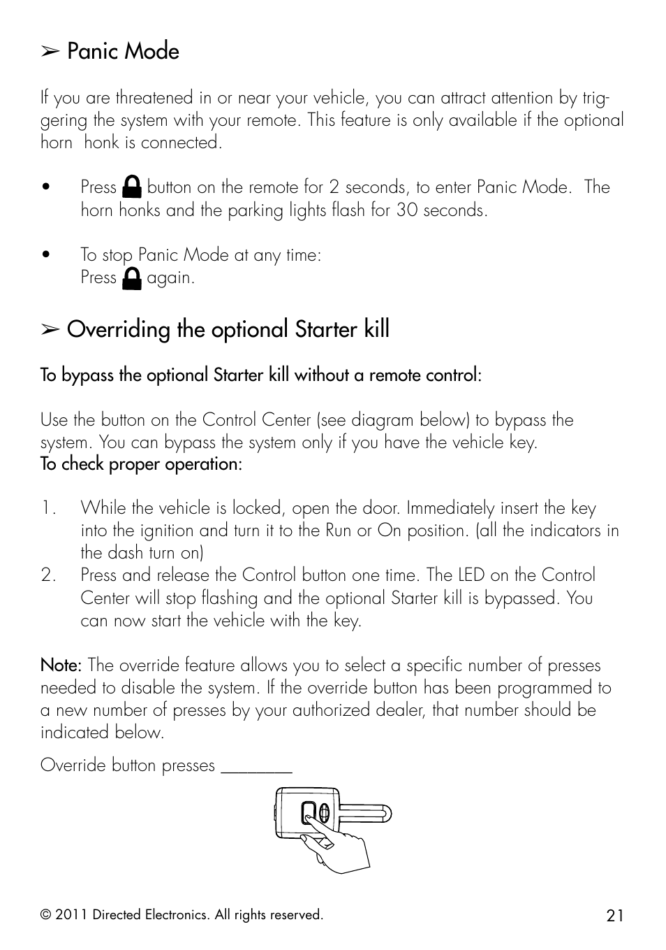 Panic mode, Overriding the optional starter kill | Directed Electronics 1.3X User Manual | Page 29 / 52