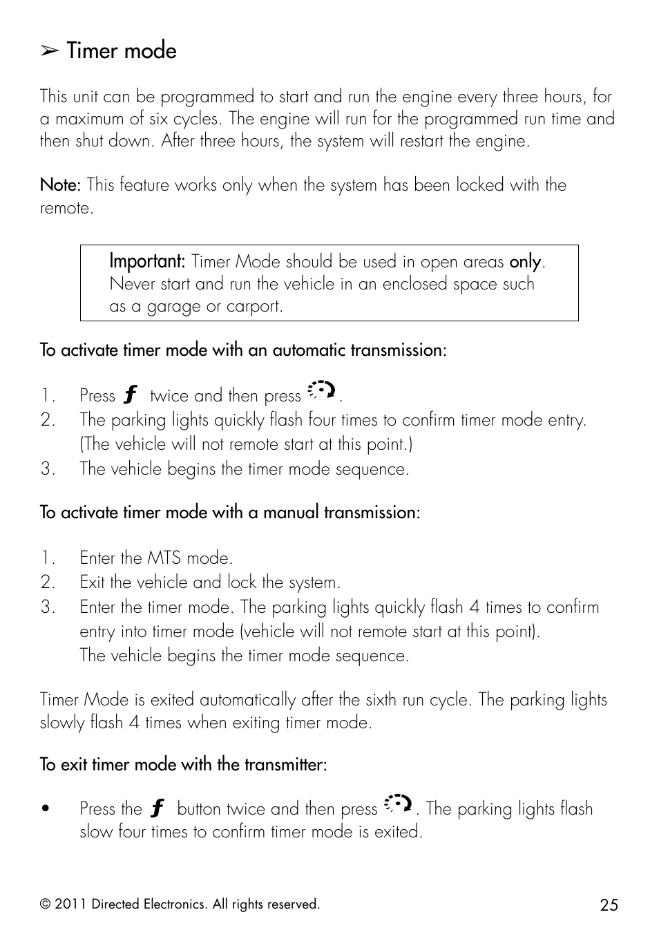 Timer mode, Important | Directed Electronics 1.3X User Manual | Page 33 / 52