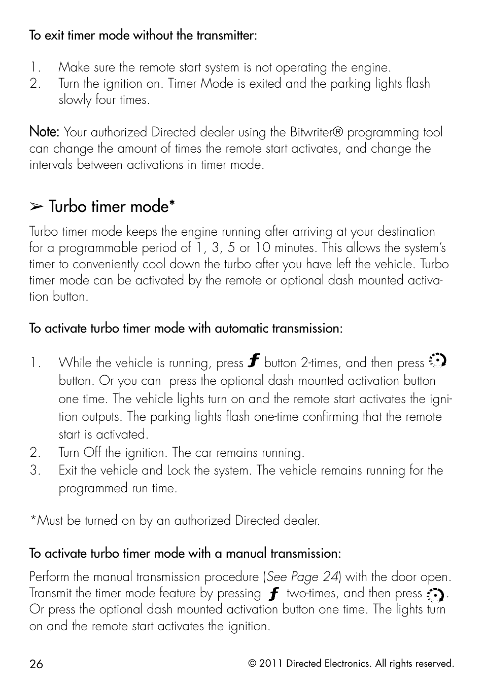 Turbo timer mode | Directed Electronics 1.3X User Manual | Page 34 / 52