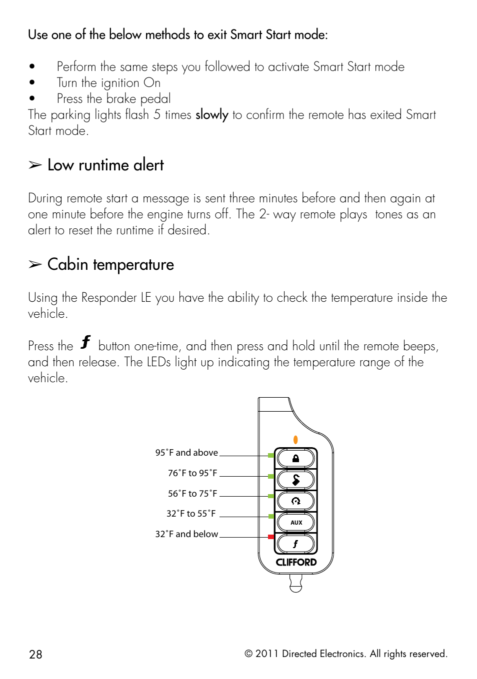 Low runtime alert, Cabin temperature | Directed Electronics 1.3X User Manual | Page 36 / 52