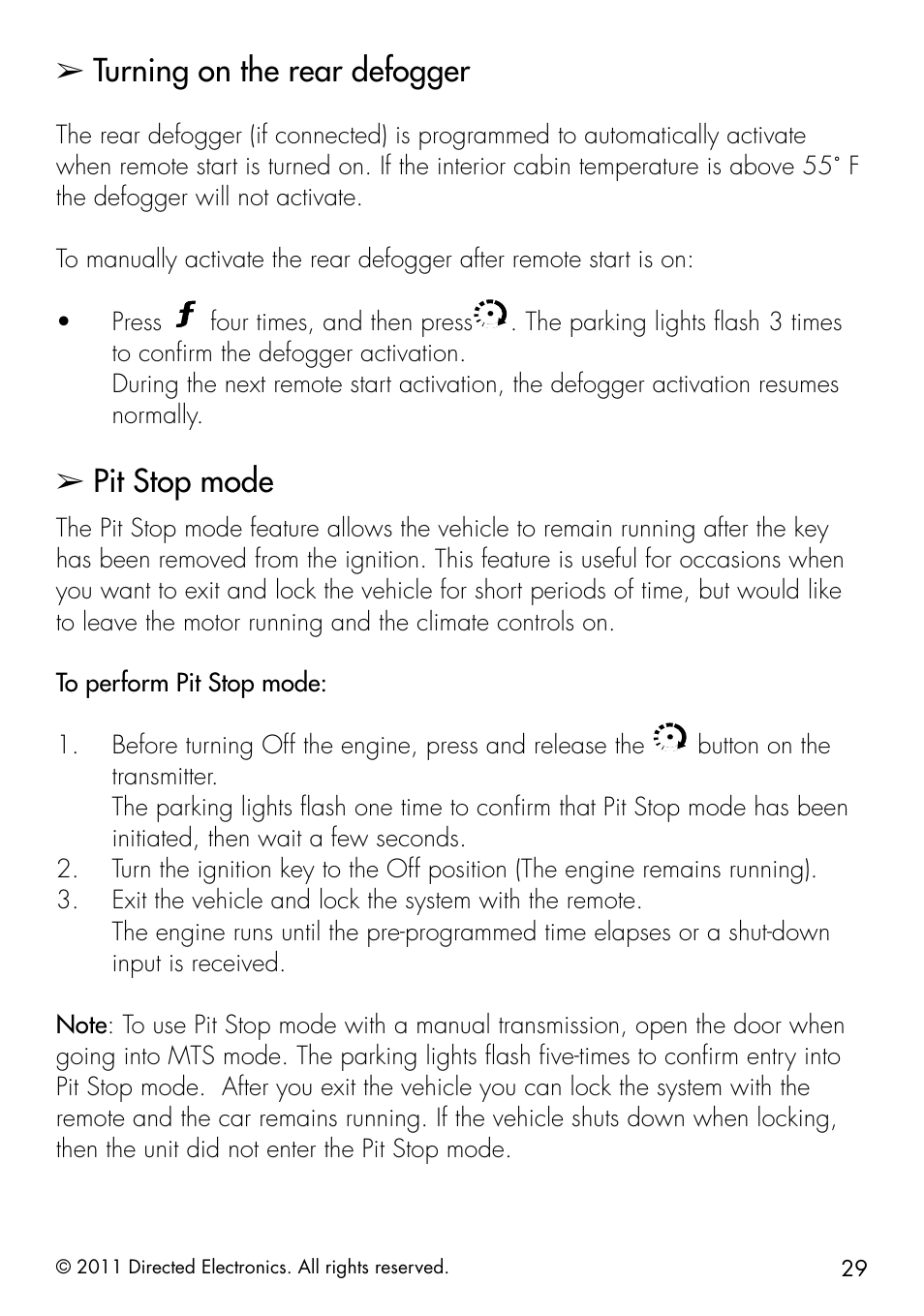 Turning on the rear defogger, Pit stop mode | Directed Electronics 1.3X User Manual | Page 37 / 52
