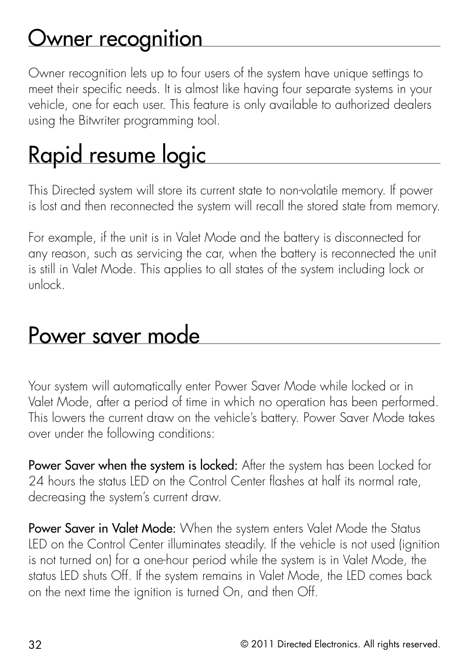 Owner recognition, Rapid resume logic, Power saver mode | Directed Electronics 1.3X User Manual | Page 40 / 52