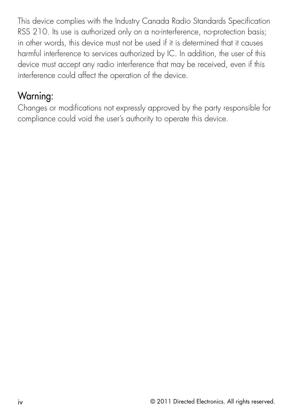 Warning | Directed Electronics 1.3X User Manual | Page 6 / 52