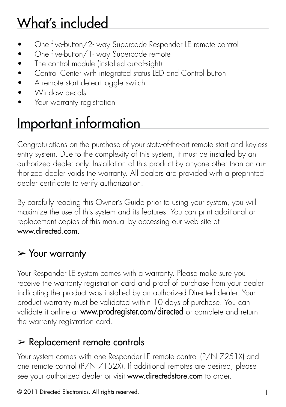 What’s included, Important information, Your warranty | Replacement remote controls | Directed Electronics 1.3X User Manual | Page 9 / 52