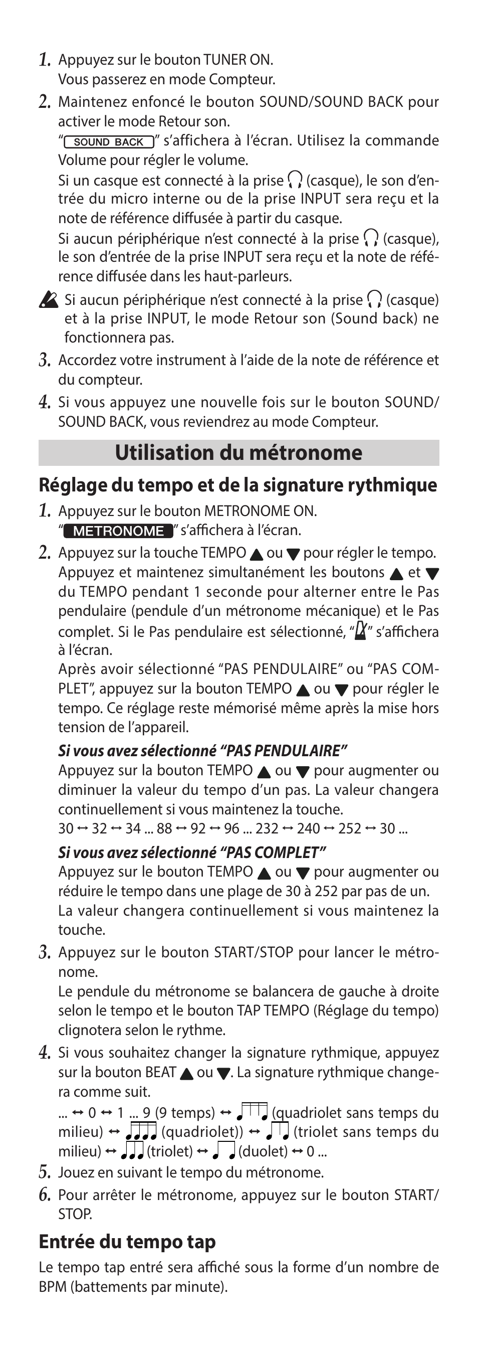 Utilisation du métronome, Réglage du tempo et de la signature rythmique, Entrée du tempo tap | KORG TM-60 Combo Tuner Metronome (White) User Manual | Page 11 / 33