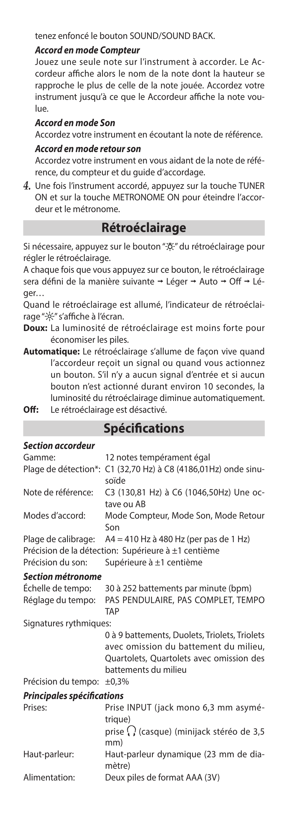 Rétroéclairage, Spécifications | KORG TM-60 Combo Tuner Metronome (White) User Manual | Page 13 / 33