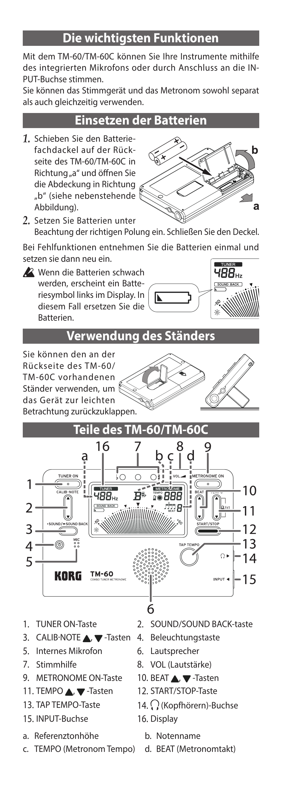 Deutsch, Die wichtigsten funktionen, Einsetzen der batterien | Verwendung des ständers, Teile des tm-60/tm-60c, S.15) | KORG TM-60 Combo Tuner Metronome (White) User Manual | Page 15 / 33