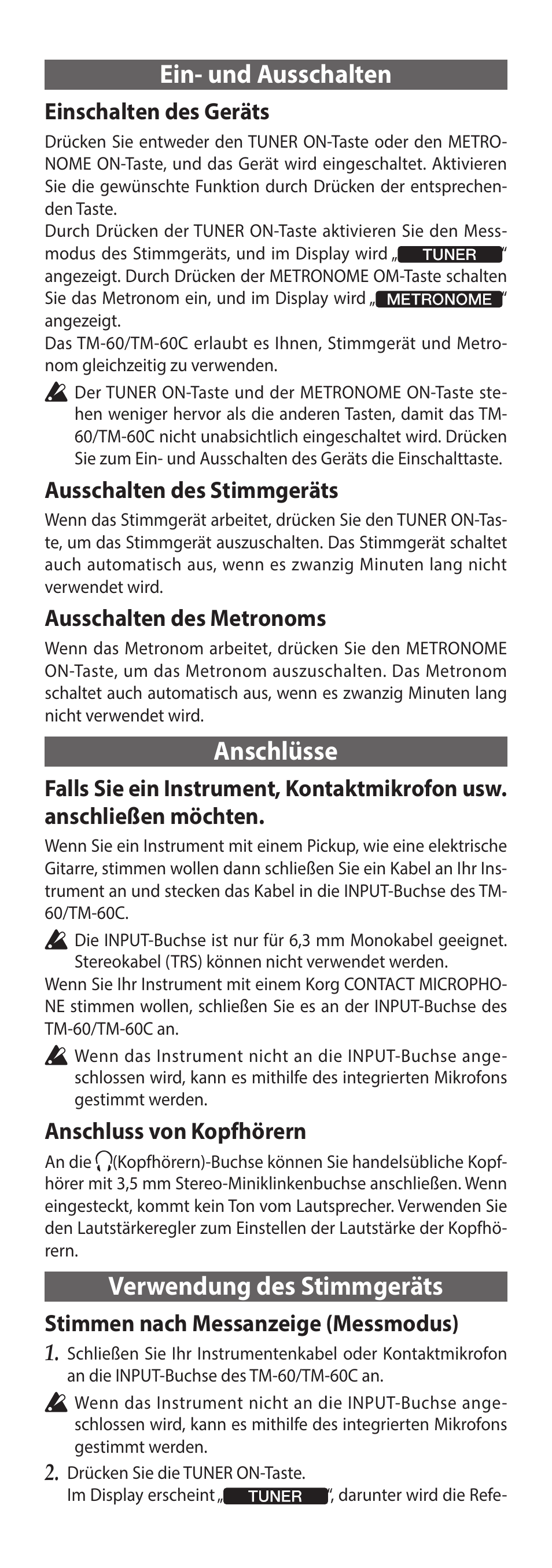 Ein- und ausschalten, Anschlüsse, Verwendung des stimmgeräts | Einschalten des geräts, Ausschalten des stimmgeräts, Ausschalten des metronoms, Anschluss von kopfhörern, Stimmen nach messanzeige (messmodus) | KORG TM-60 Combo Tuner Metronome (White) User Manual | Page 16 / 33
