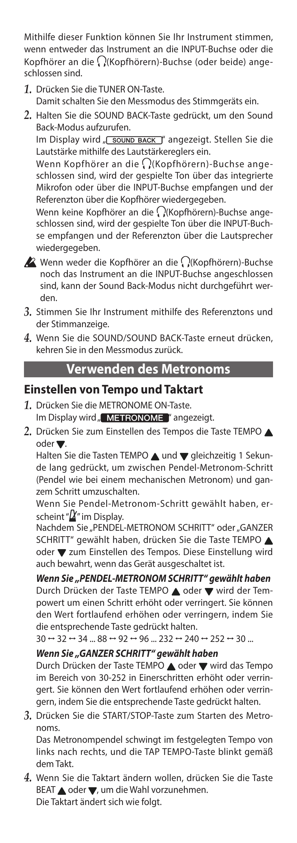 Verwenden des metronoms, Einstellen von tempo und taktart | KORG TM-60 Combo Tuner Metronome (White) User Manual | Page 18 / 33