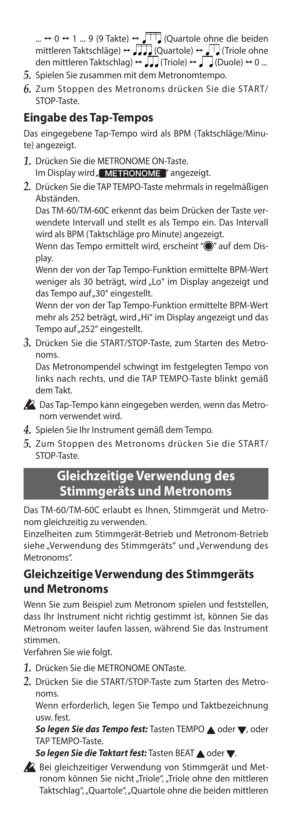 Eingabe des tap-tempos | KORG TM-60 Combo Tuner Metronome (White) User Manual | Page 19 / 33