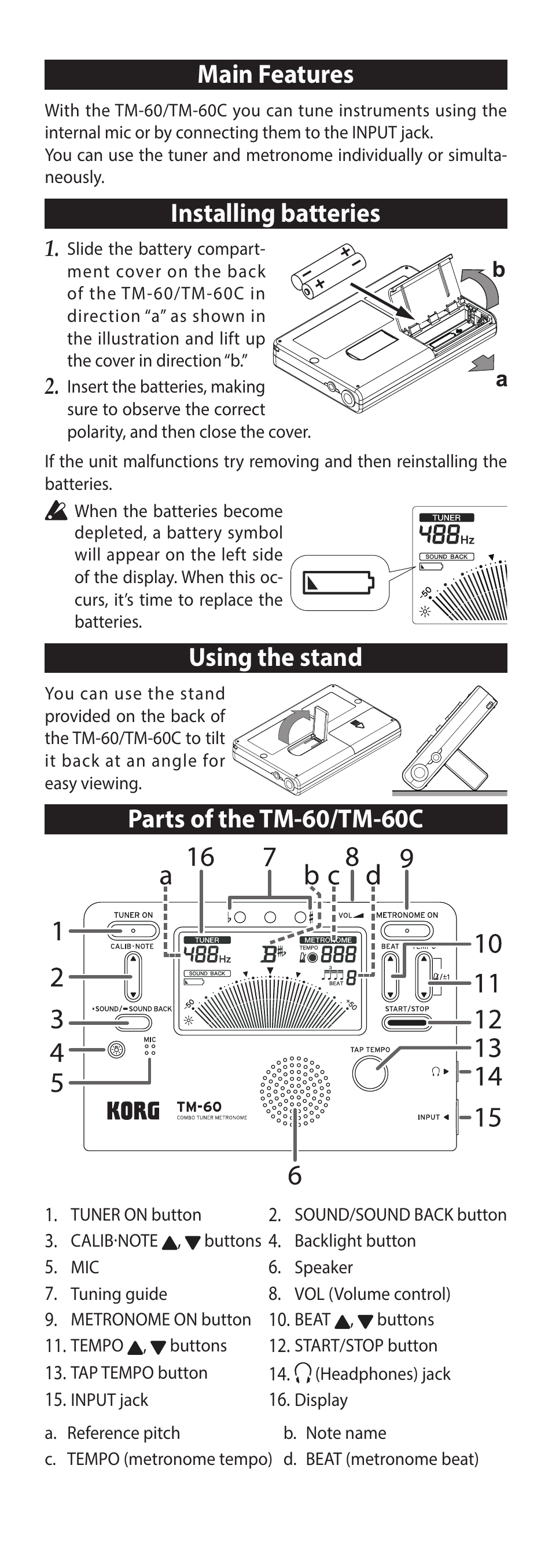 English, Main features, Installing batteries | Using the stand, Parts of the tm-60/tm-60c, P.2) | KORG TM-60 Combo Tuner Metronome (White) User Manual | Page 2 / 33