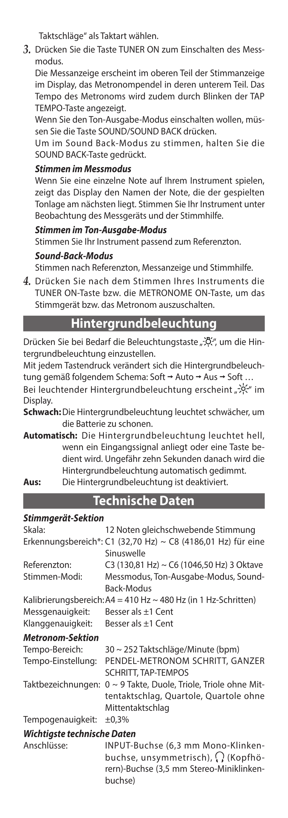 Hintergrundbeleuchtung, Technische daten | KORG TM-60 Combo Tuner Metronome (White) User Manual | Page 20 / 33