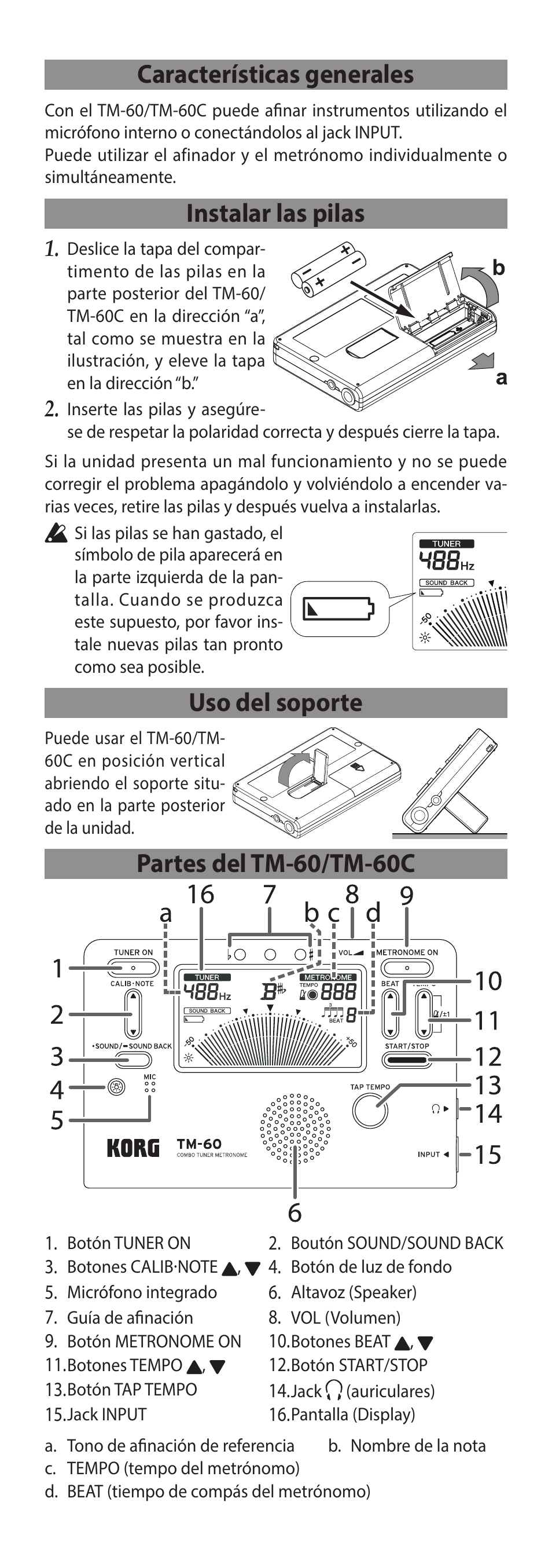 Español, Características generales, Instalar las pilas | Uso del soporte, Partes del tm-60/tm-60c, P.22) | KORG TM-60 Combo Tuner Metronome (White) User Manual | Page 22 / 33