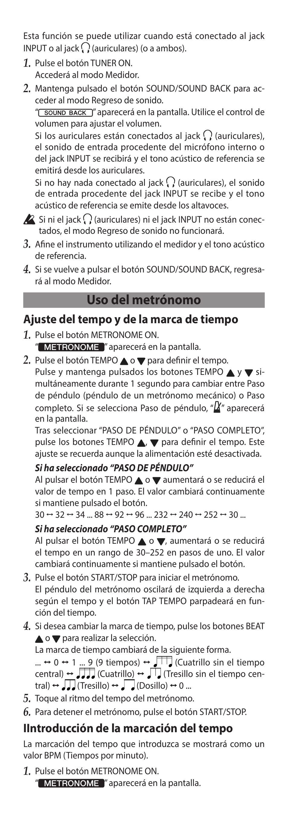 Uso del metrónomo, Ajuste del tempo y de la marca de tiempo, Iintroducción de la marcación del tempo | KORG TM-60 Combo Tuner Metronome (White) User Manual | Page 25 / 33